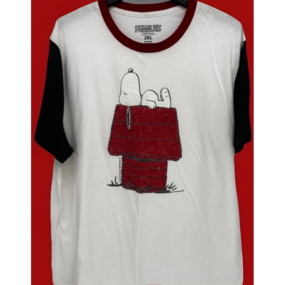 Peanuts Snoopy Men's 2XL White/Black/Red Ringer Graphic Crew Neck T-Shirt Jersey